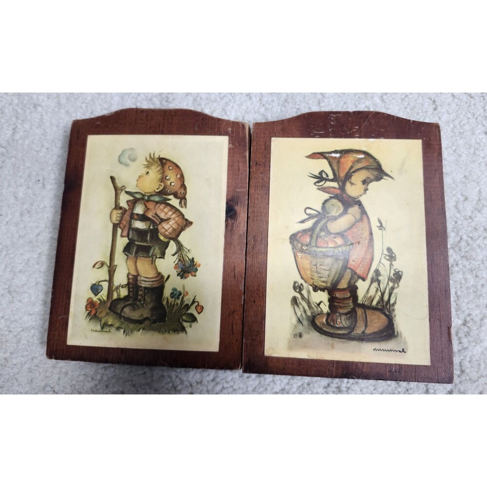 Vintage Wooden Wall Pictures Signs Hummel Young Girl Basket Boy Stick Manchester